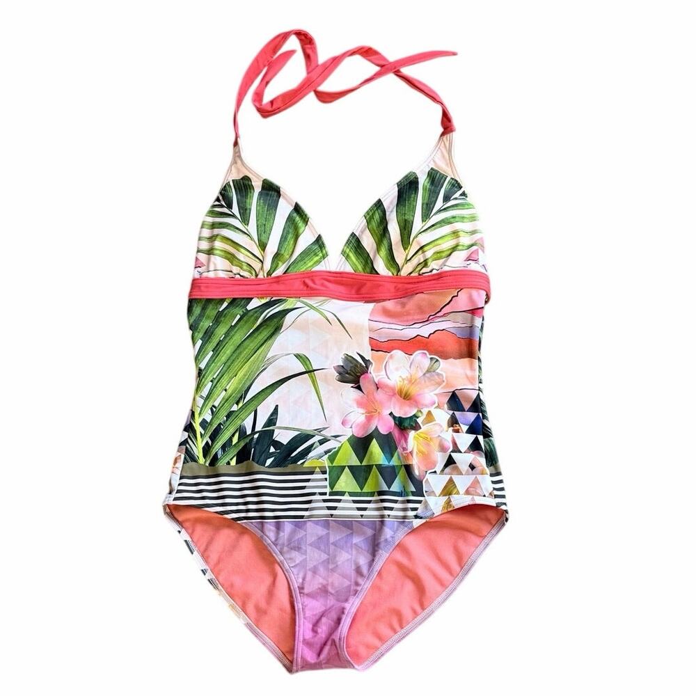 Prana tropical one piece swimsuit large halter style top resort vacation beach